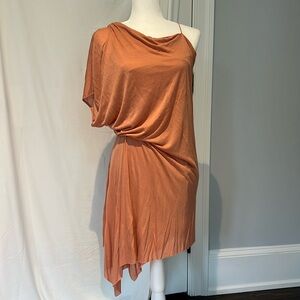 Cotton helmet lang dress. Draped at the bodice with one sleeve